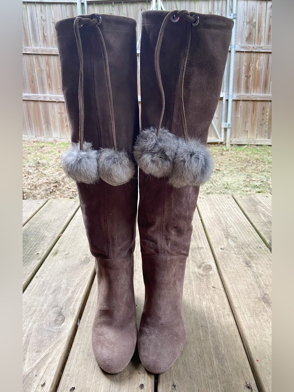 Michael Kors Remi Tall Suede Boots with Rabbit Fur Pom Poms Corporate Boho Chic